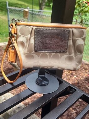 Coach Poppy Khaki Canvas Wristlet with Saddle Leather Trim